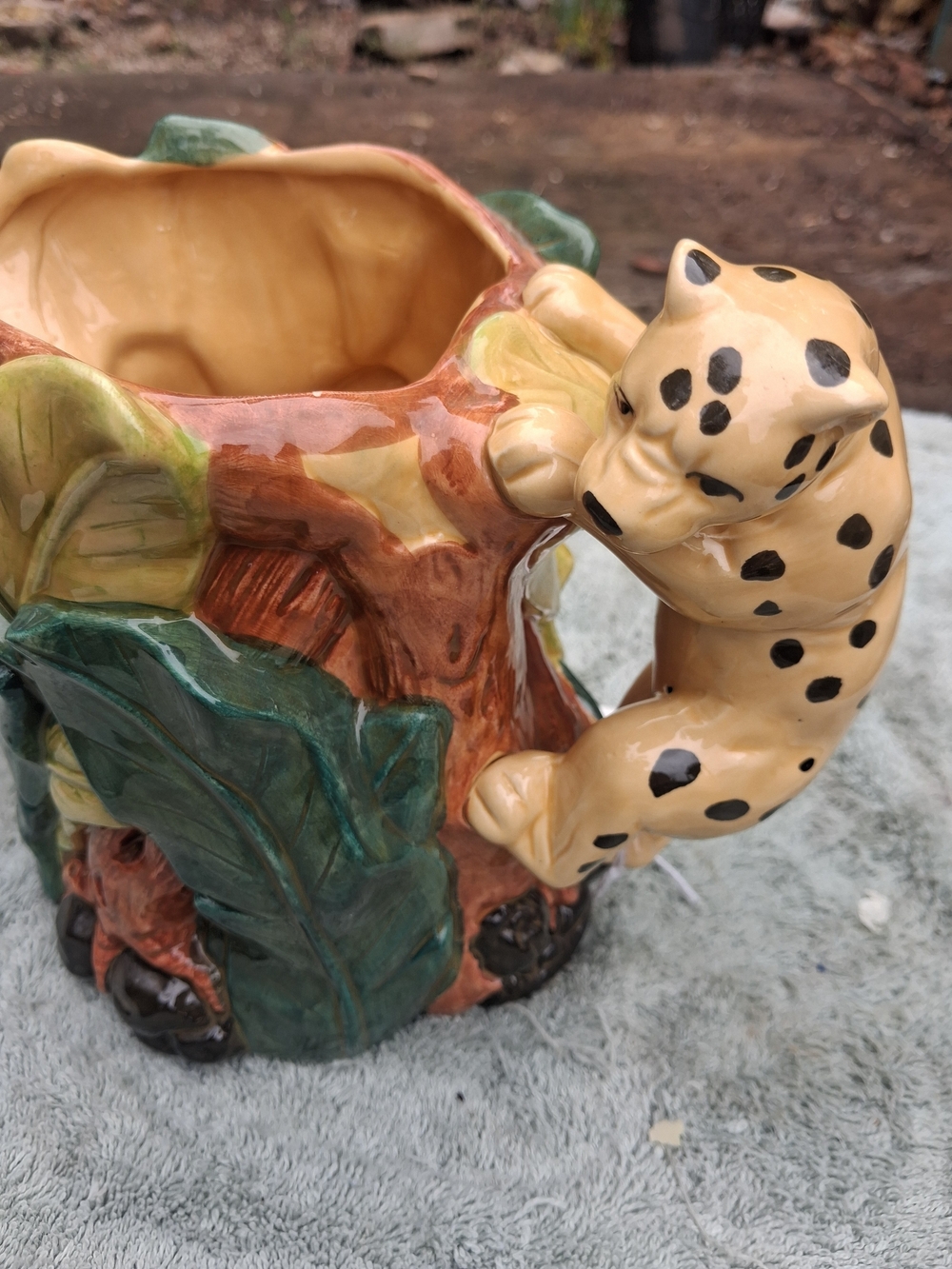 Hand-Painted Leopard Handle Tree-Trunk Planter - Tan & Green